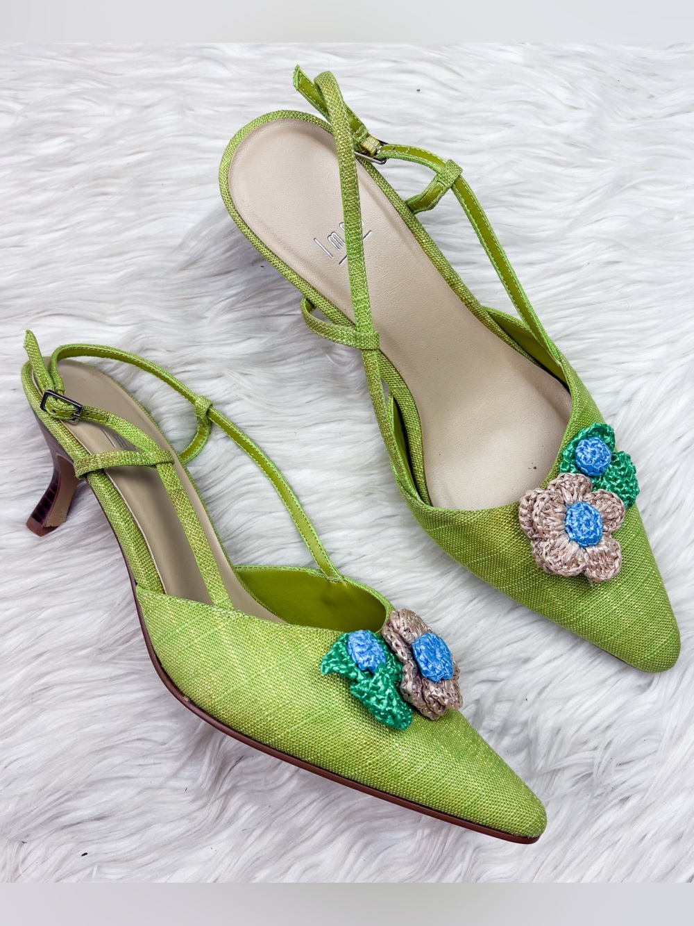 Y2K Kitten Heels Pointed Toe Slingback Crochet Flower Floral Lime Green Vintage
